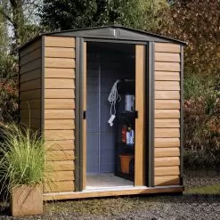 Arrow Woodvale 6x5 Apex Coffee Metal Shed -Garden Shop arrow woodvale 6x5 apex coffee metal shed5013856015208 01i