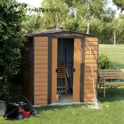 Arrow Woodvale 6x5 Apex Coffee Metal Shed -Garden Shop arrow woodvale 6x5 apex coffee metal shed5013856015208 02i