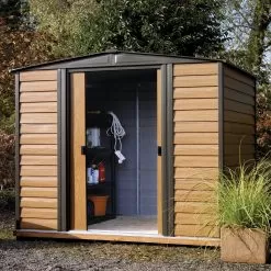 Arrow Woodvale 8x6 Apex Coffee Metal Shed -Garden Shop arrow woodvale 8x6 apex coffee metal shed5013856015215 01i