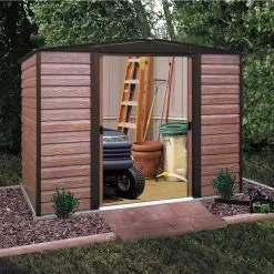 Arrow Woodvale 8x6 Apex Coffee Metal Shed -Garden Shop arrow woodvale 8x6 apex coffee metal shed5013856015215 02i