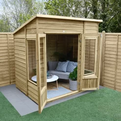 Forest Garden Oakley 7x5 Pent Overlap Solid Wood Summer House With Double Door - Assembly Service Included -Garden Shop forest garden oakley 7x5 pent overlap solid wood summer house with double door assembly service included5013053188514 03i bq