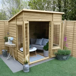 Forest Garden Oakley 7x5 Pent Overlap Solid Wood Summer House With Double Door (Base Included) -Garden Shop forest garden oakley 7x5 pent overlap solid wood summer house with double door base included 5013053188569 02i bq