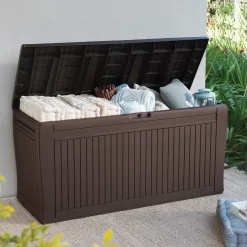 Keter Comfy Wood Effect Plastic Garden Storage Box 270L -Garden Shop keter comfy wood effect plastic garden storage box 270l7290106930179 01bq