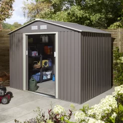 Rowlinson Trentvale 8x6 Apex Light Grey Metal Shed -Garden Shop rowlinson trentvale 8x6 apex light grey metal shed5013856206217 01i bq