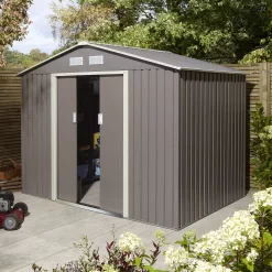 Rowlinson Trentvale 8x6 Apex Light Grey Metal Shed -Garden Shop rowlinson trentvale 8x6 apex light grey metal shed5013856206217 03i bq