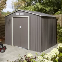 Rowlinson Trentvale 8x6 Apex Light Grey Metal Shed -Garden Shop rowlinson trentvale 8x6 apex light grey metal shed5013856206217 04i bq
